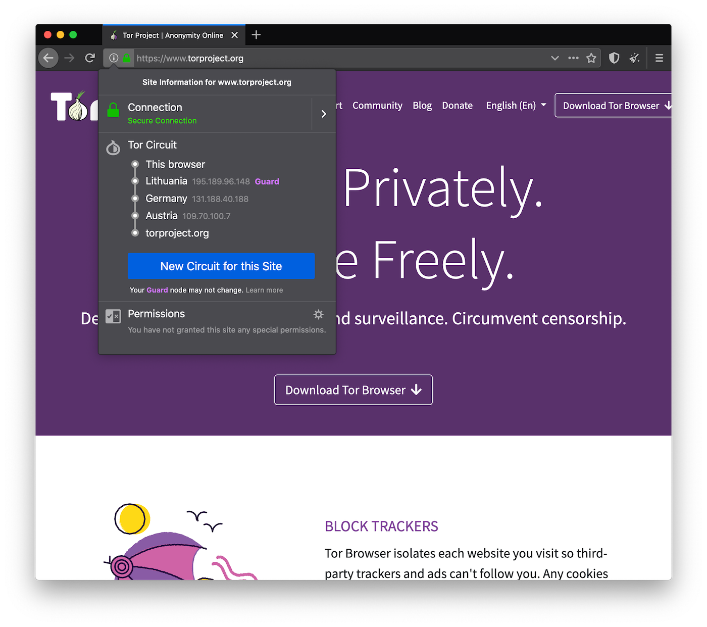 Tor Browser - circuit display - dark theme