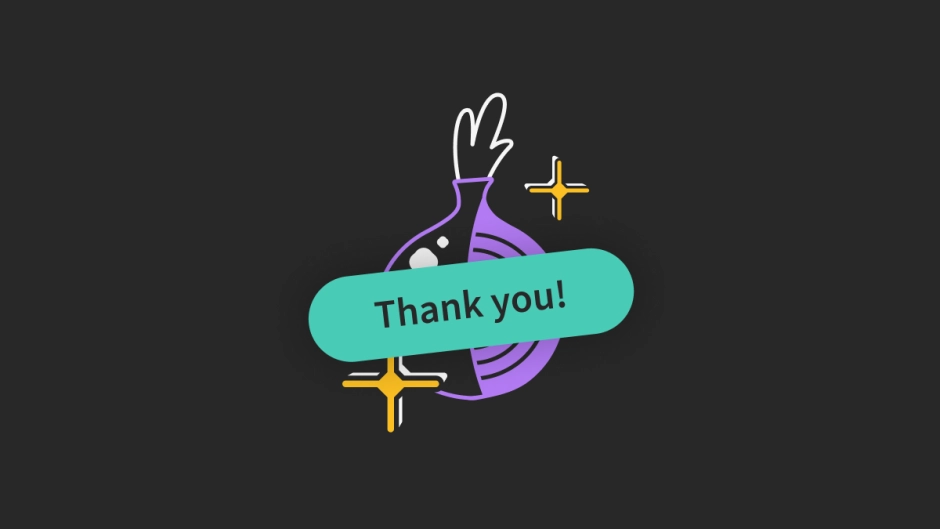 Purple onion illustration on black background overlaid by text on green background saying 'Thank you'