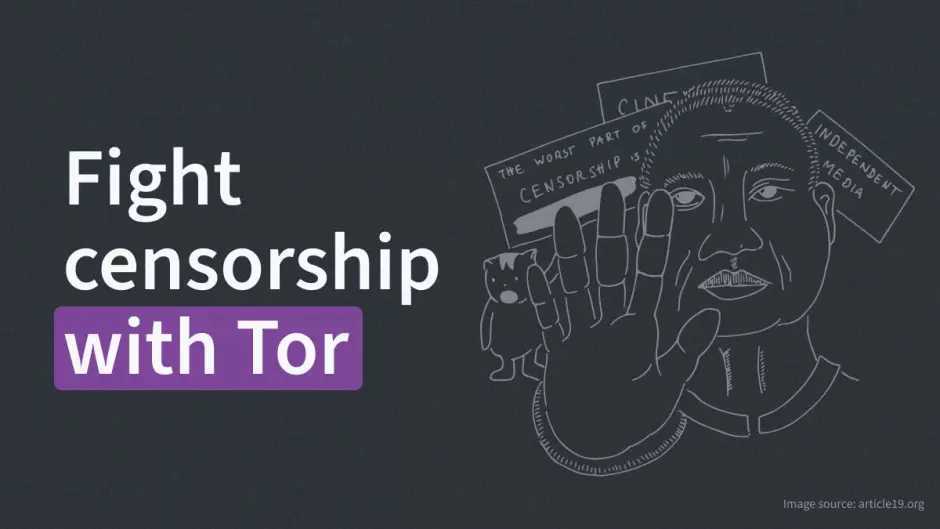 Illustration of a person holding their hand up to stop someone with protest signs in the back next to a block of text saying 'Fight censorship with Tor'