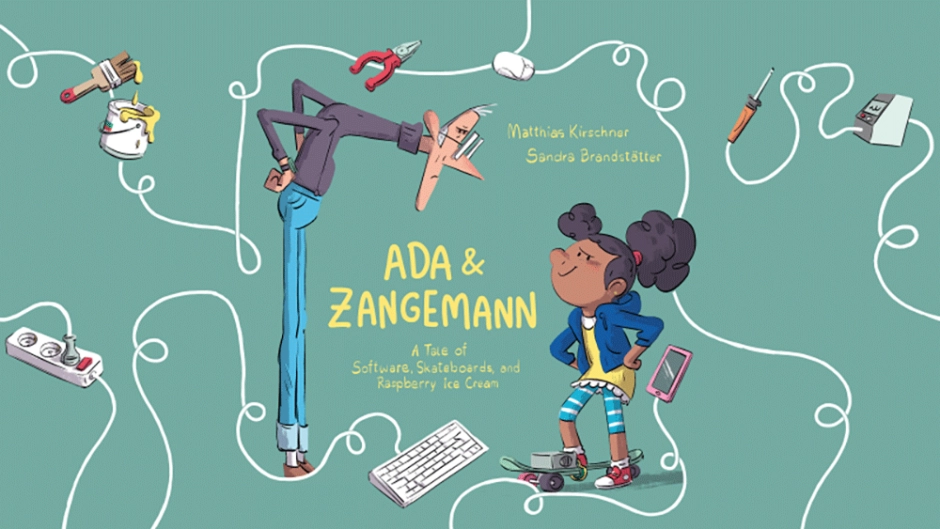 Book cover of "Ada & Zangemann" depicting a young girl and an older man standing opposite each other in what seems to be a standoff.