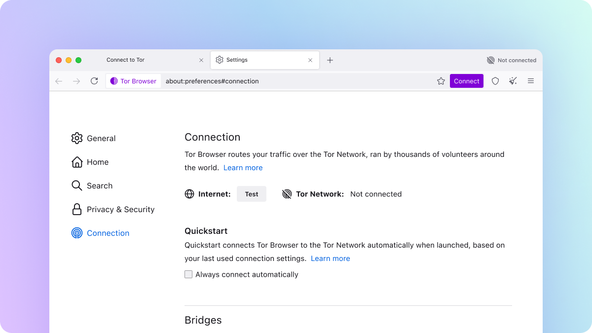 Screenshot of the Connection settings tab before connecting in Tor Browser for desktop