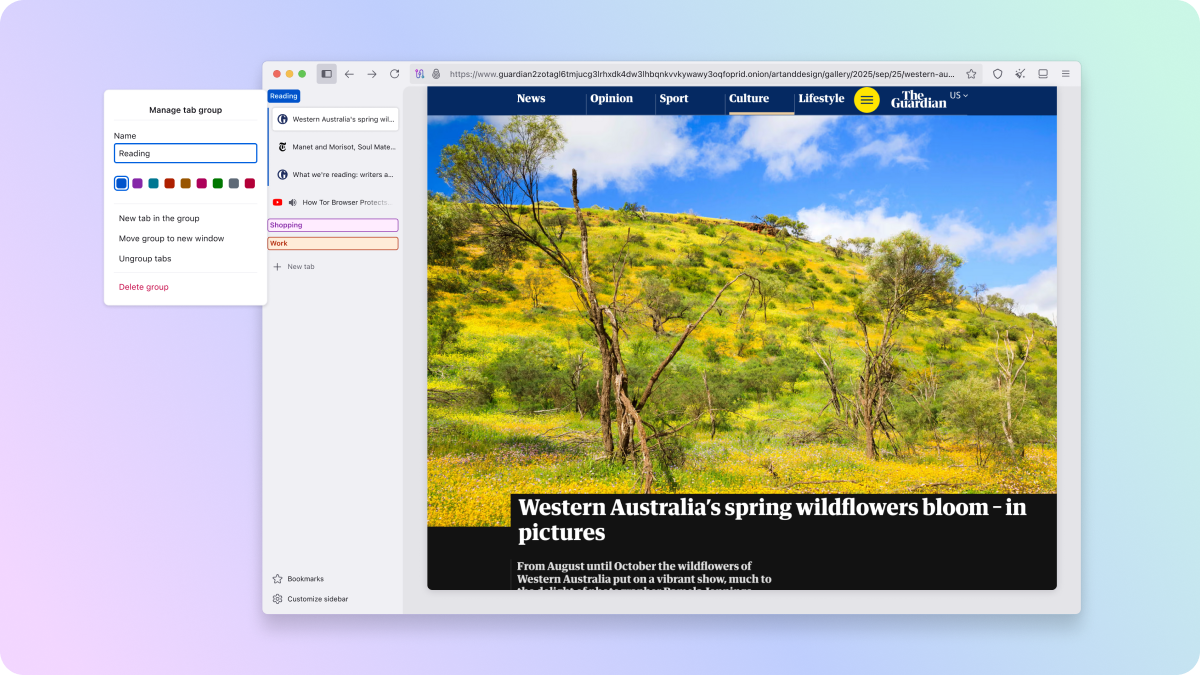 A screenshot featuring Tor Browser for Desktop with vertical tabs enabled and three tab groups present in the resulting sidebar