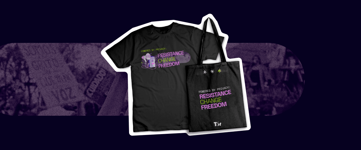 Image of a black t-shirt and black canvas tote with a purple background. The t-shirt and tote read, "Powered by privacy; RESISTANCE, CHANGE, FREEDOM" in lime green and pink text."