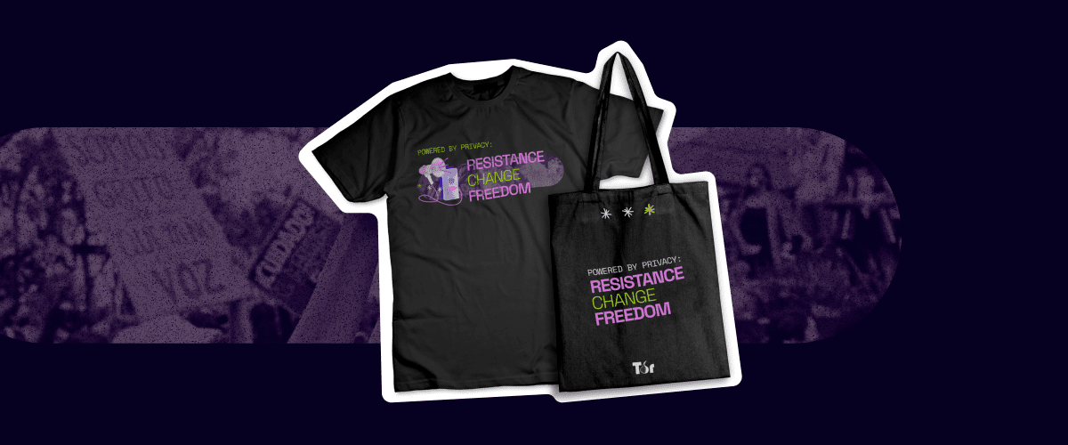 Black background with a black t-shirt and black totebag outlined in a thick white line: each item says "Powered by Privacy: Freedom, Resistance, Change"