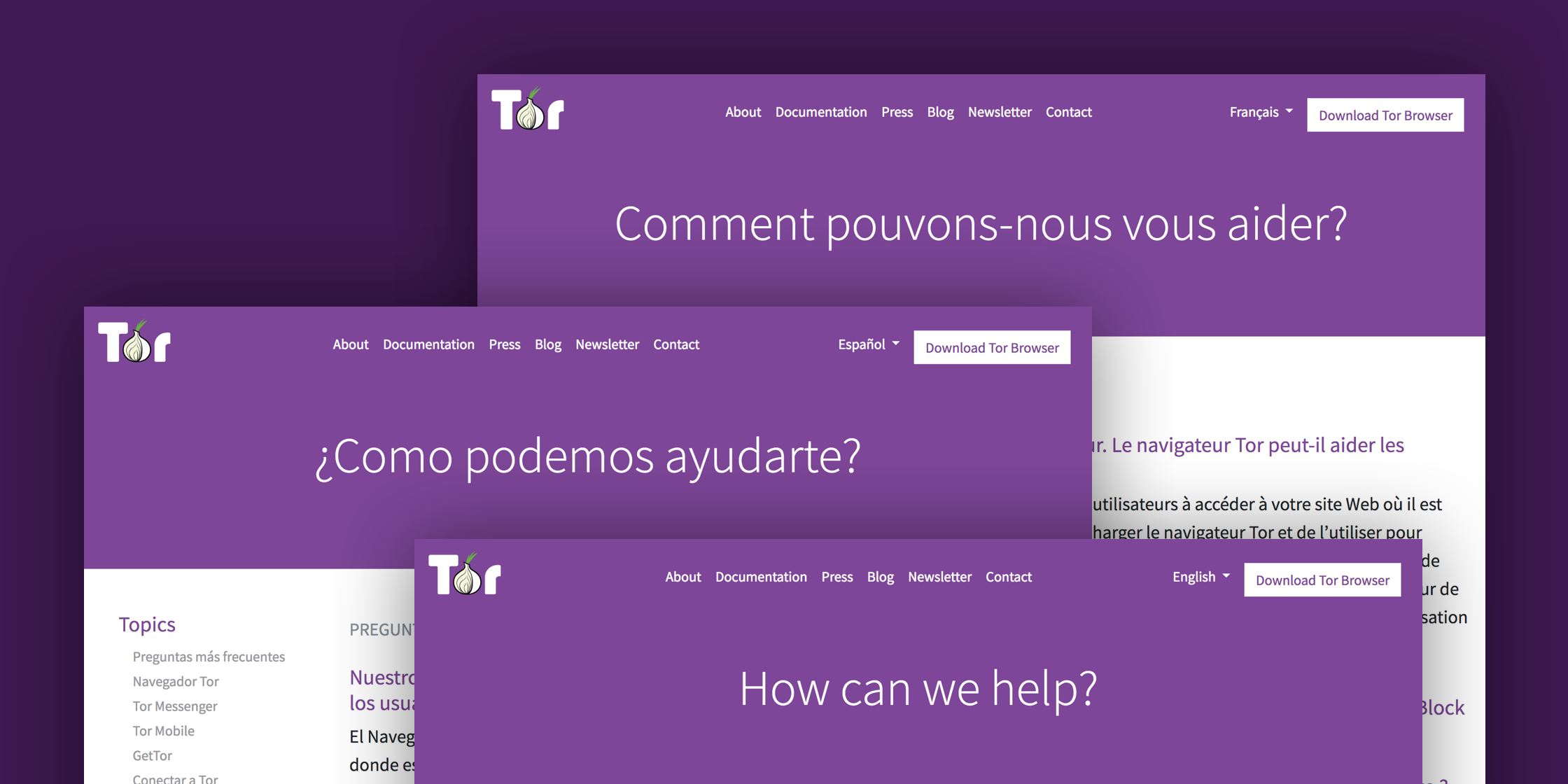 Tor support website screenshots in different languages: english, french and spanish.