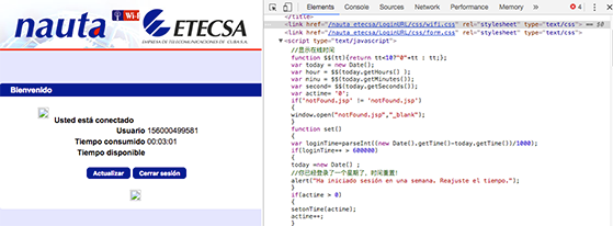 ETECSA login page containing Chinese comments in source code