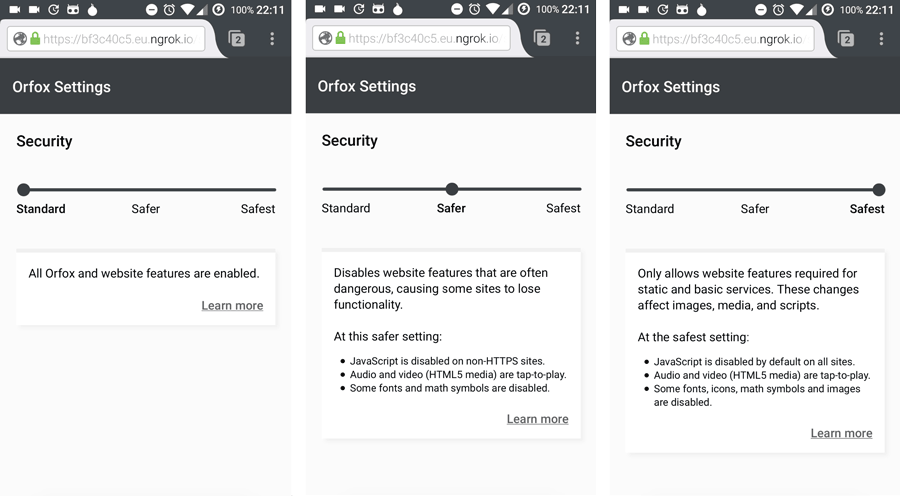 Orfox Security Slider Settings